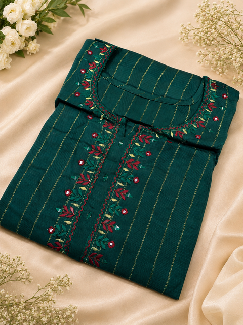 Elegant deep green embroidered plus-size kurti with a classic round neckline and subtle striped detailing — kurti only, pants not included.
 slight variation in color & design is possible