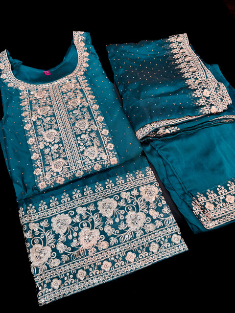 Soft Georgette silk based embroidery with sequined work designer kameez with plazo pants and dupatta with embroidery work