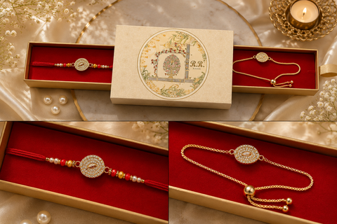 (Video clip attached )Bhai Bhabhi special American diamond stones Rakhi ,Stylish with pearl detailing, presented in a premium gift box