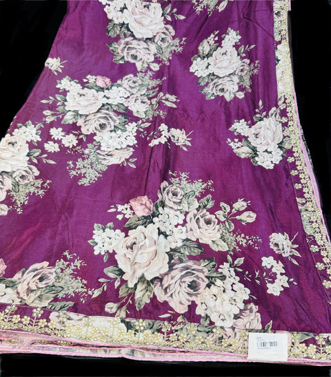 (Video Clip attached ) Very soft floral print  Stone Work border Saree And Embroidery Work contrast Blouse design