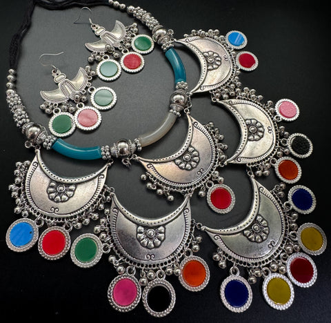 Multicoloured stones work Beautiful work oxidised Necklace with earrings