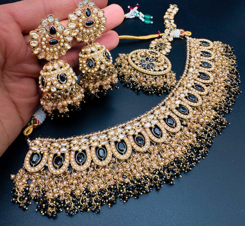 (Video clip attached) Heavy work Semi bridal style Polki stone with pearls beaded work beautiful necklace with jhumka and tikka set
