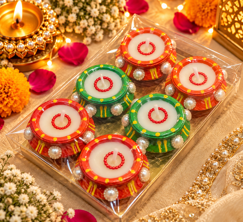 Beautiful 6-Piece Diya Candle Set with colourful handcrafted design and wax candles inside, perfect for Diwali décor and gifting. Slight handmade variations may occur.
