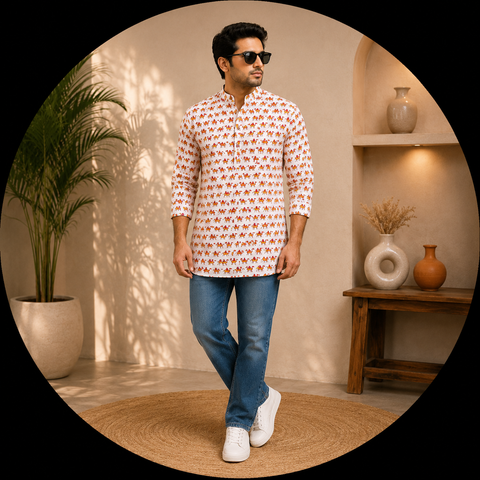 Short length Pure cotton based Men’s Printed kurti (sizes mentioned in inches ,not according to the label on Kurti) size 42 kurti- Length 28 inches and size 44 length 29 inches )