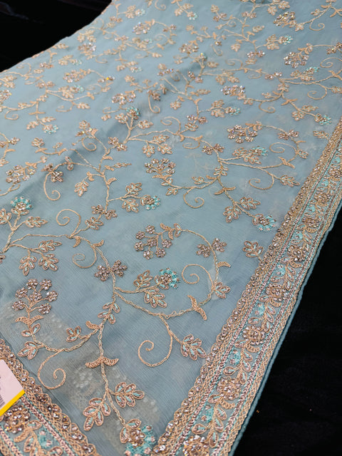 Aqua Blue Colour Heavy Stone Work & Embroidery Jaal Work Beautiful shimmery georgette Designer Saree and embroidery work blouse piece
