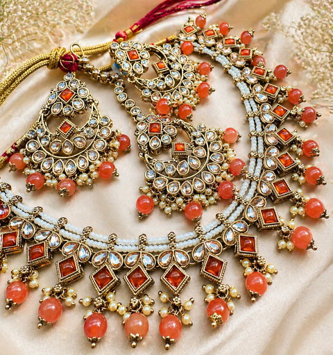 Original Polki stone with pearls beaded work beautiful necklace with jhumka and tikka set