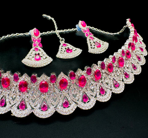 Silver jerkan stone beautiful choker necklace with earrings and tikka set