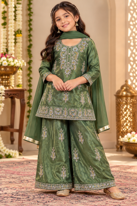 Olive color Fendi silk kids’suit set with a loose palazzo, featuring intricate golden and rainbow-tone sequin & stone work that reflects a stunning multicolour shine.Elegant and perfect for special occasions.Slight variation in colour and design may occur