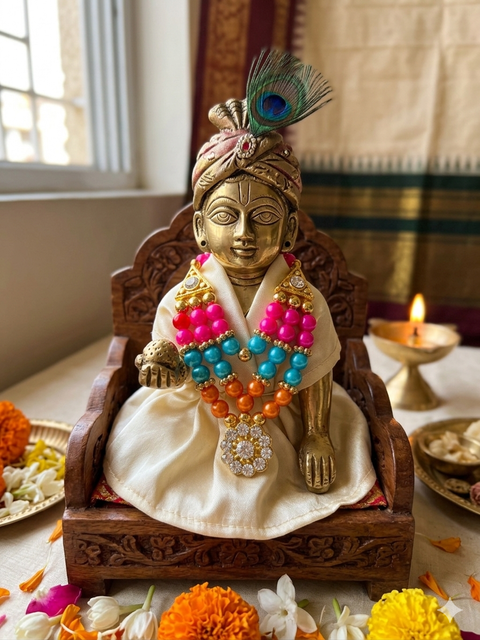 Handcrafted Krishna Bal Gopal garland, designed with love and devotion to add a divine charm and elegant beauty to your Laddu Gopal ji’s idol. Note: The image is for display purposes only. The outfit and other accessories shown are not included, Only Mala