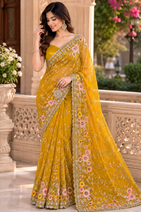Netting based embroidery jaal all over with stone work designer saree(blouse piece worn by model is for reference only, blouse piece attached to Saree) slight variation in color and design is possible)