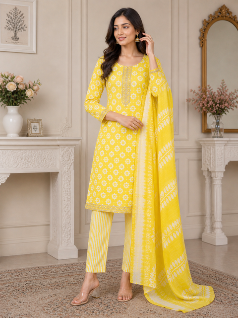 Cotton Based Printed Kurti With Plazo pants & Dupatta (slight variance in color and design is possible)