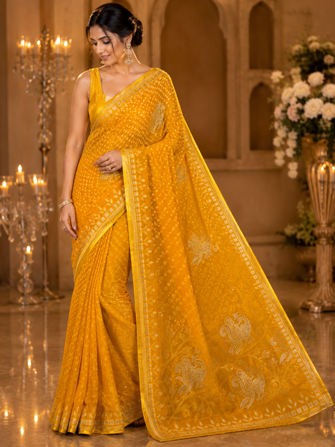 Elegant Tissue/Georgette Blend Saree featuring woven zari motifs(Comes with a matching blouse piece; the blouse worn by the model is for reference purposes only. Slight variation in color and design is possible)