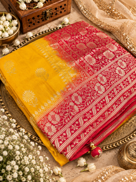 Dola Silk Saree with elegant all-over floral zari weaving and a rich contrasting woven border with detailed pallu. Soft, graceful drape with a luxurious festive look. Contrast blouse piece included.Slight variation in colour and design is possible.