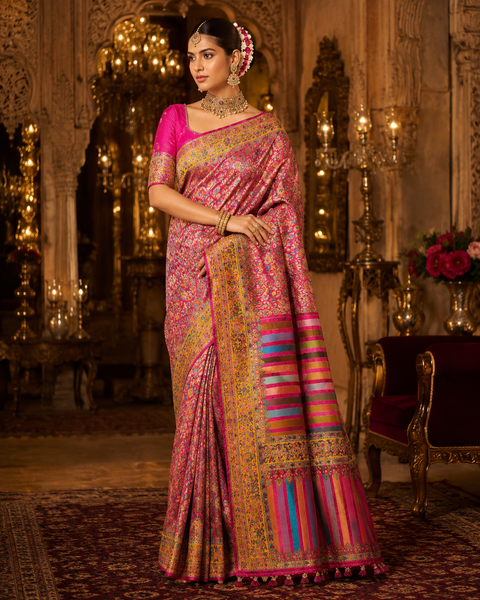 Kashmiri Kalamkari Inspired Soft Silk Saree with vibrant multicolour weaving and an elegant contrast pallu for a rich, timeless look.Blouse piece attached. Model image for reference only. Slight variation in colour and design may occur.