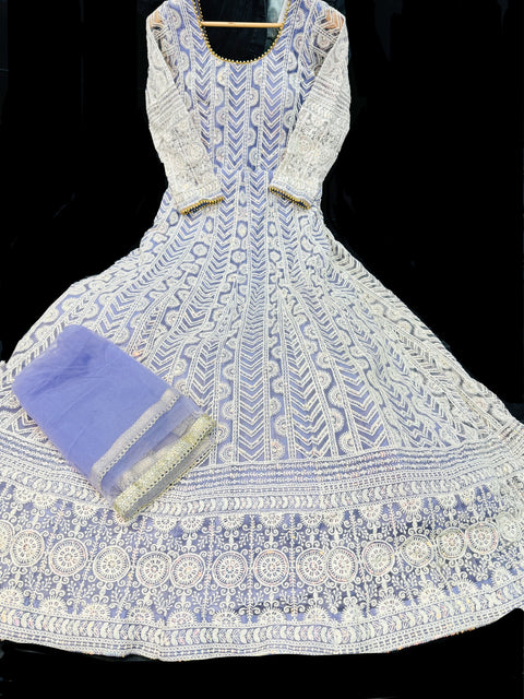 Netting Based Embroidery With Sequined Work at front and back Designer Flared Kameez /Gown And betting Based Embroidery Work Dupatta