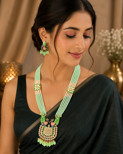Lime green colour beads work with kundan stone meenakari work Peacock design beautiful rani haar necklace set (slight variation in color and design is possible )