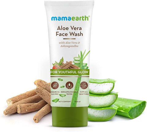 Mamaearth Aloe Vera Face Wash | Hydrating & Soothing Facewash for Women, Deep Cleansing Gentle Face Cleanser With Aloe Vera, Ashwagandha & Glycerin Daily Face Cleaser for Fresh & Smooth Skin, 100ml