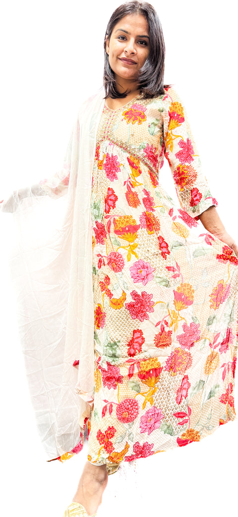 Pure chinnon georgette based Printed with embroidery work & Mirror work designer Kurti with Plazo Pants & beautiful Dupatta