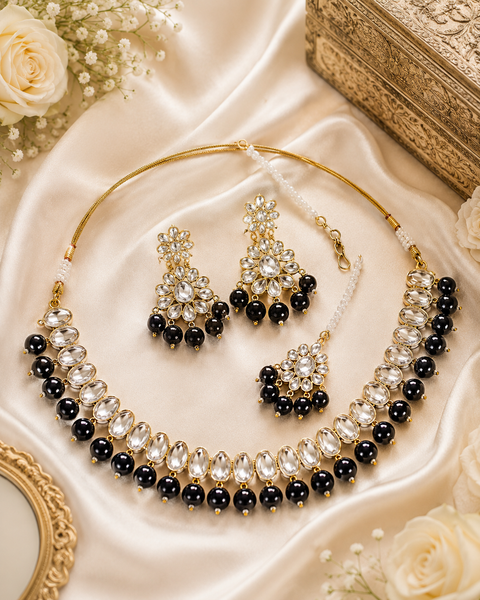 Pearls With kundan Work Necklace Set With Earrings & Tikka