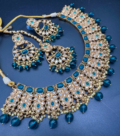 Original Polki stone with pearls beaded work beautiful necklace with jhumka and tikka set