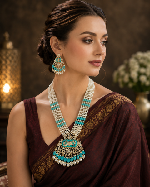 Pearls work with kundan stone & Meenakari work beautiful Rani haar /long necklace set with beautiful Earrings(slight variation in color and design is possible )