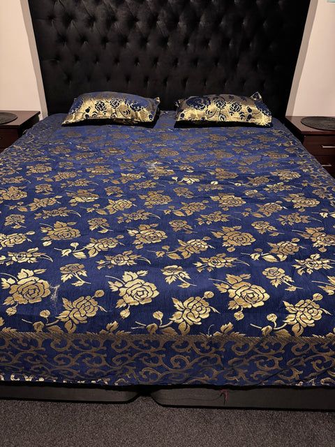 Roses Print Velvet golden zari Work Bed Sheet (275cm x 265cm)king size King Size Bedsheet With Double Pillow Cover