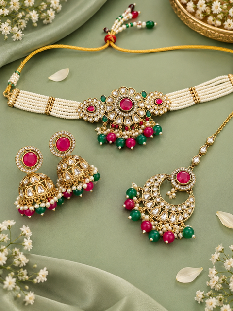 Beautiful Kundan stones with pearls and colorful stones choker necklace & Jhumka with Tikka. Slight variations in colour and design are possible.