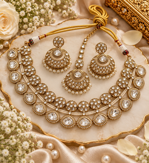 Original Crystal polki stones with pearls and colorful stones necklace & earrings with Tikka. Slight variations in colour and design are possible