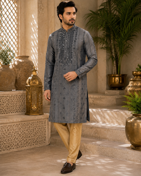 Soft malmal based beautiful embroidery work with sequins work designer Kurta with golden Pajama (slight variation in color and design is possible)