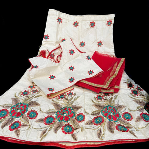 Cream Golden & Red color embroidery work lehnga and blouse with Dupatta