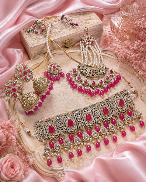 Mazenta Pink  Stones With Jerkan Stones & Moti Work Beautiful Necklace Set With Pasa (slight variation in color and design is possible)
