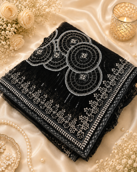 Heavy work designer Saree with netting base fabric and stones work design all over with heavy embroidery .The Blouse Worn By The Model Is For Reference Purposes Only. The Actual Blouse Piece Comes Attached With Saree(Slight Variations Are Possible)