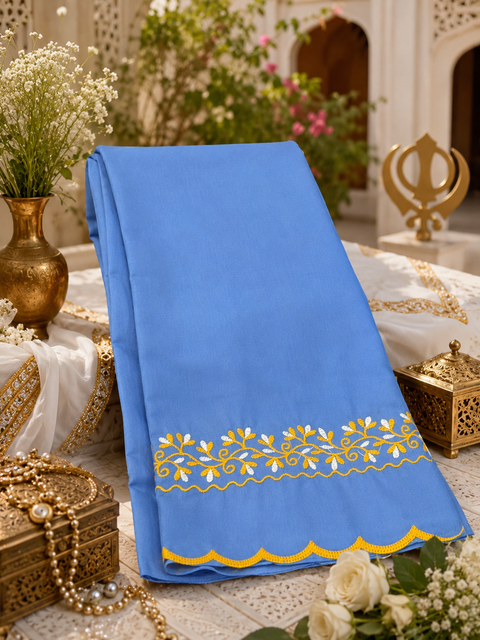 Elegant Hazoori Saropa crafted in rich light blue fabric, adorned with traditional yellow and white embroidery and a delicate scalloped border.Size (around 216cms lenth / 84 cms wide)