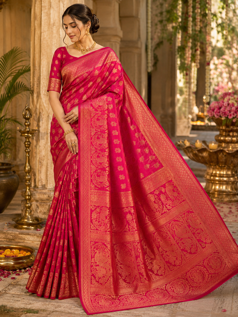 Premium soft Silk Saree with rich zari weaving and contrast woven pallu. featuring elegant dual-tone shades.Model-worn blouse is for reference only. Unstitched blouse piece is attached with saree(slight variation in color & design is possible)