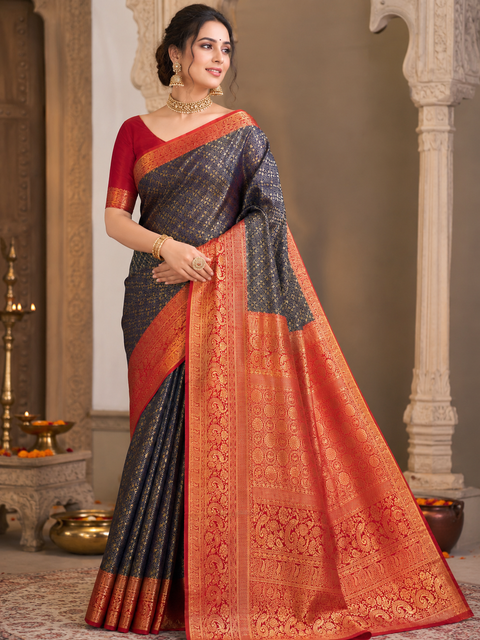 Premium soft Silk Saree with rich zari weaving and contrast woven pallu. featuring elegant dual-tone shades.Model-worn blouse is for reference only. Unstitched blouse piece is attached with saree(slight variation in color & design is possible)