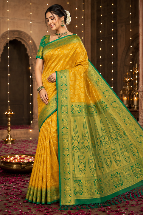 Premium Art Silk Saree Featuring Elegant Zari Weaving & Stone Work Throughout; Saree Comes With An Attached Blouse Piece. Model Blouse Is For Reference Only. Slight Variation In Colour And Design May Occur