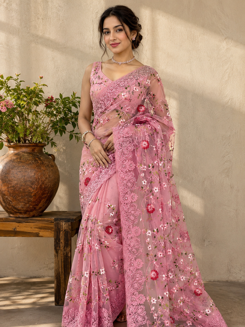 Netting based embroidery jaal all over with stone work designer saree(blouse piece worn by model is for reference only, blouse piece attached to Saree) slight variation in color and design is possible)