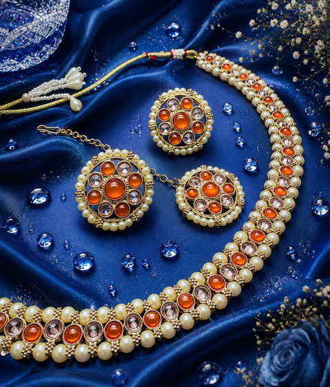 Polki And Pearls Work Beautiful Necklace Set With studs & Tikka