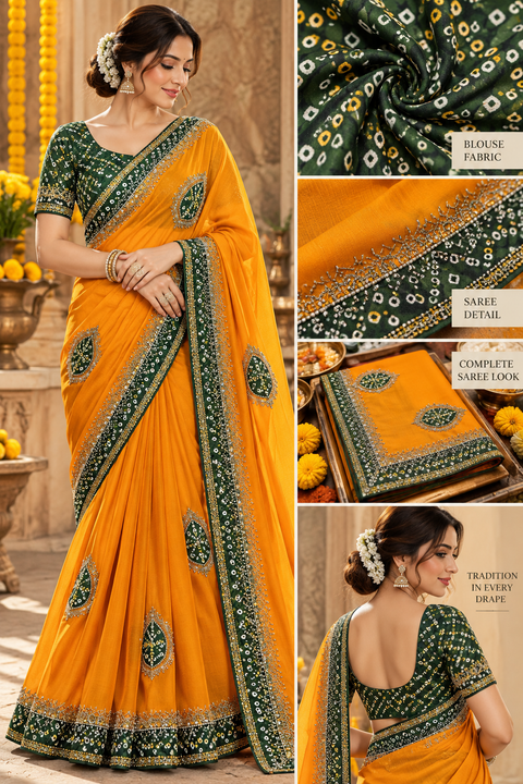 Soft Saree with a beautiful contrast bandhani-style border, elegant handwork & stone detailing throughout. Soft, comfortable & easy to drape. Attached blouse piece included; model blouse is for reference only. Slight variation in colour & design may occur