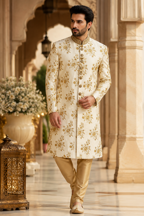 Elegant ivory floral sherwani with delicate gold botanical detailing, crafted for a graceful and luxurious wedding celebration look. Slight variation in color and design may occur.