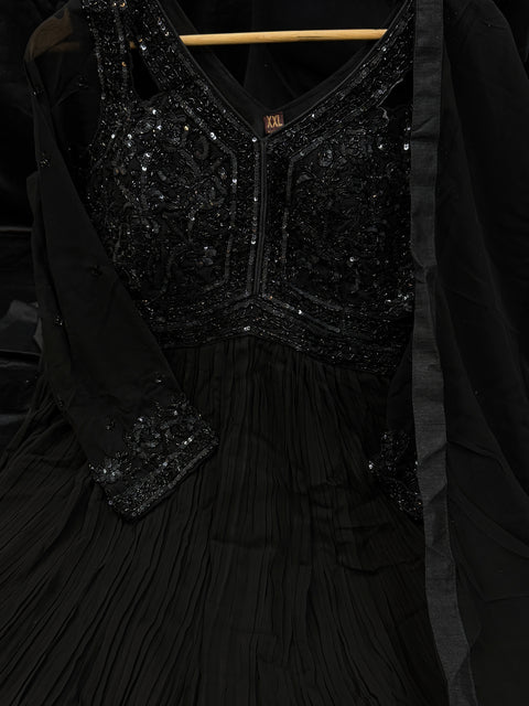 (Video clip attached ) Heavy hand work with black sequins and sippy work Georgette based Designer Flared Kameez /Gown
