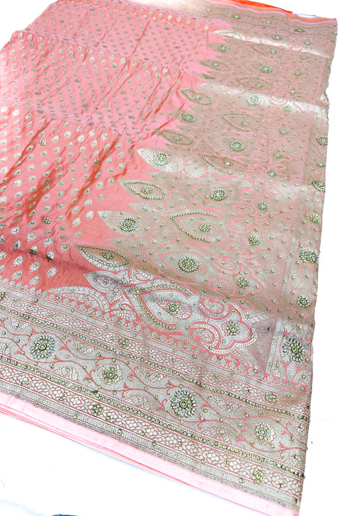Beautifully designed Banarasi Silk Saree with heavy Handwork with stones & Zari