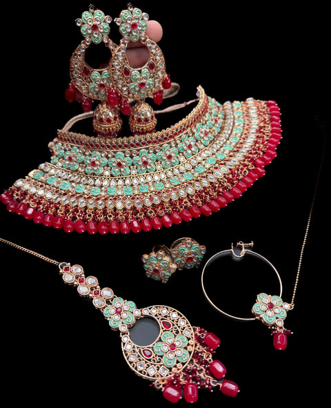 (video clip attached)Mint & Red color Original Kundan Polki stones with Meenkari & Pearls work Bridal necklace with beautiful Jhumka, tikka  , 2 Rings and Nath NOTE:- original Kundan Polki stones not fake plastic stones)