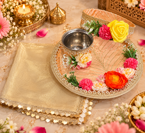 Elegant Karwa Chauth Thali Set in a peach-gold theme with floral accents, pearl detailing and matching thali, channi, kalash and cover cloth. Slight variation in colour and design is possible.