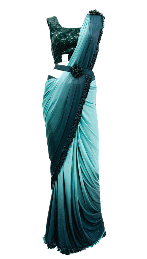 Size 38 (Upto 40) sequined work designer readymade blouse with Readymade Saree with handwork designer waist belt