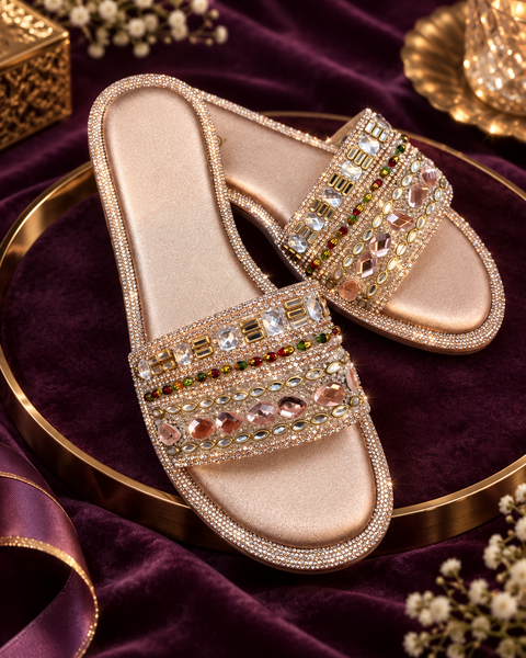 Beautiful rose-gold flats with sparkling kundan-style stones, crystals and elegant detailing for a classy festive look. Designed with a soft, cushioned base for comfortable wear.