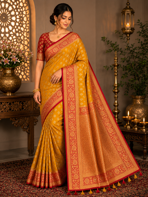 Premium Art Silk Saree Featuring Elegant Zari Weaving & Stone Work Throughout; Saree Comes With An Attached Blouse Piece. Model Blouse Is For Reference Only. Slight Variation In Colour And Design May Occur