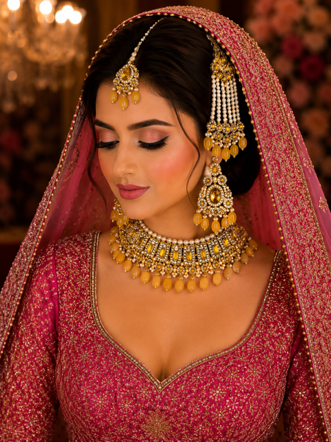 Mustard with golden stones with jerkan stones & moti work beautiful necklace set with pasa (slight variation in color and design is possible)