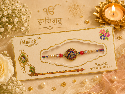 Elegant handcrafted Rakhi with premium beads and sparkling stonework, beautifully crafted to celebrate the special bond of love and protection.