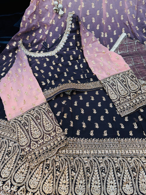 Ombré Shades Georgette Based Heavy Embroidery With Stone Work At Front And Back Designer Flared lehnga & blouse And Netting Based sequins Work Dupatta